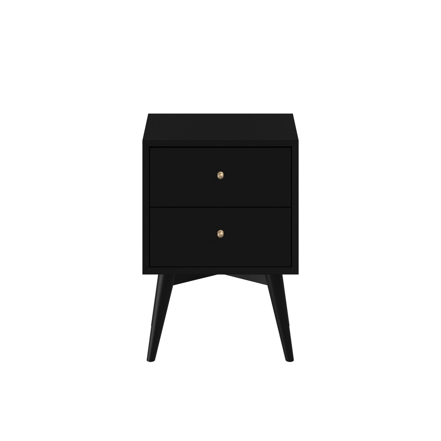 Flynn Nightstand in black with two drawers and sleek mid-century modern design.