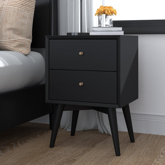 Flynn Nightstand in black with two drawers and stylish legs, ideal for Mid-Century Modern decor, perfect bedroom accent.