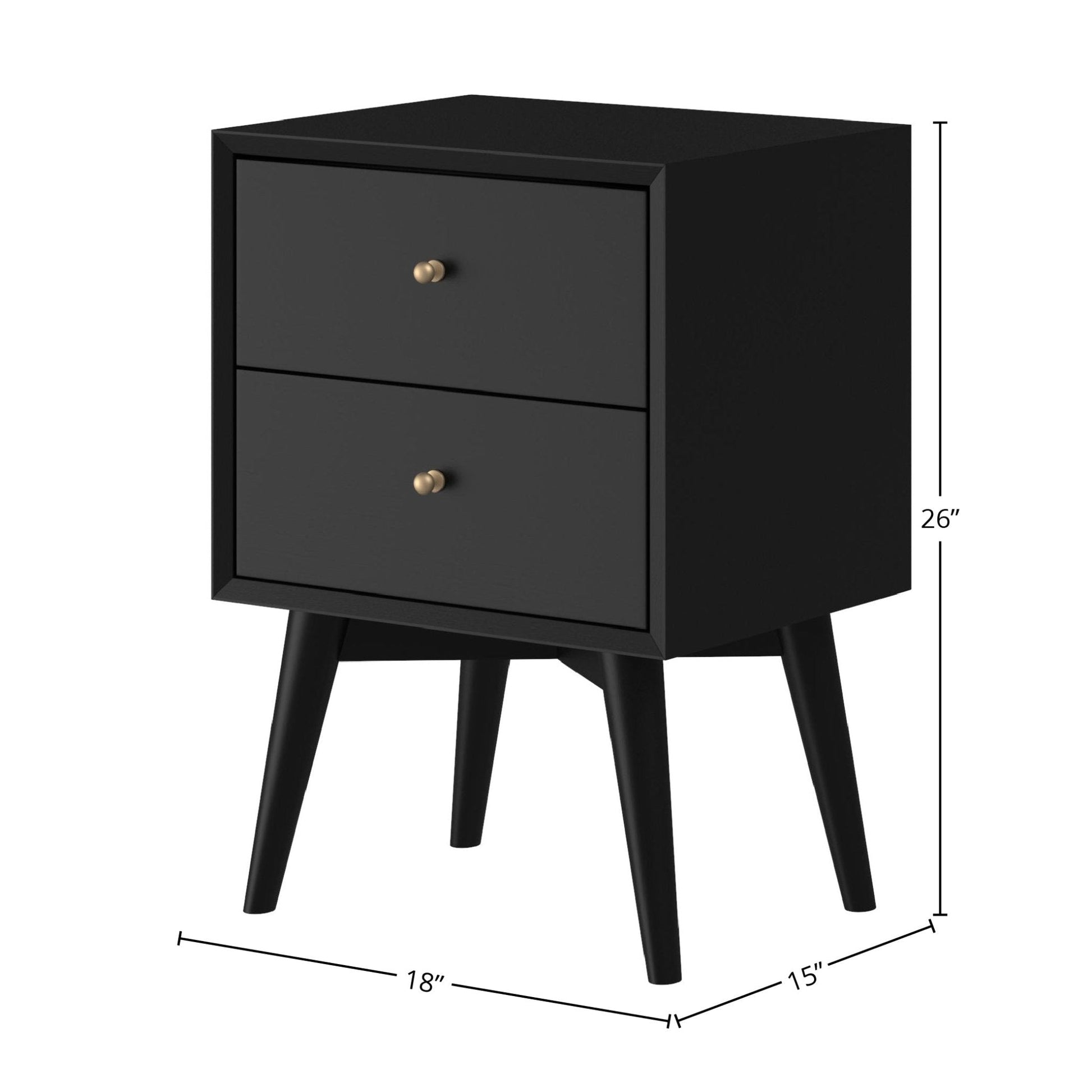 Flynn Nightstand in black with two drawers and tapered legs, showcasing Mid-Century Modern design, dimensions 26x18x15 inches.