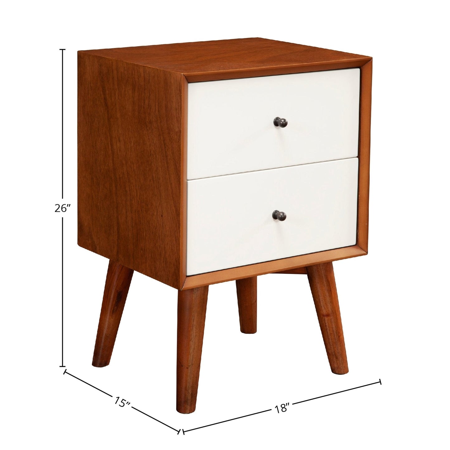 Flynn Nightstand in chestnut and white with two drawers and sturdy legs, perfect for Mid-Century Modern decor.