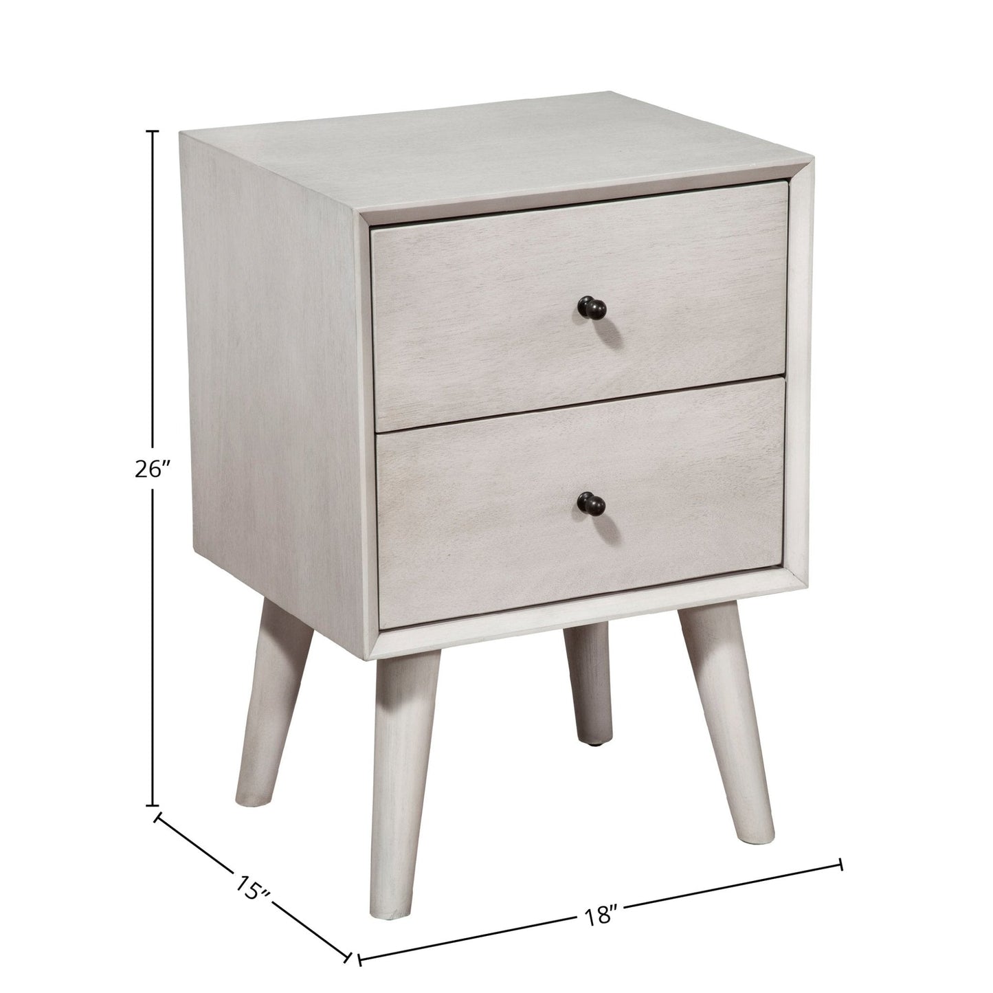Flynn Nightstand in Gray with two drawers, Mid-Century Modern design, sustainably sourced Mahogany, fully assembled.