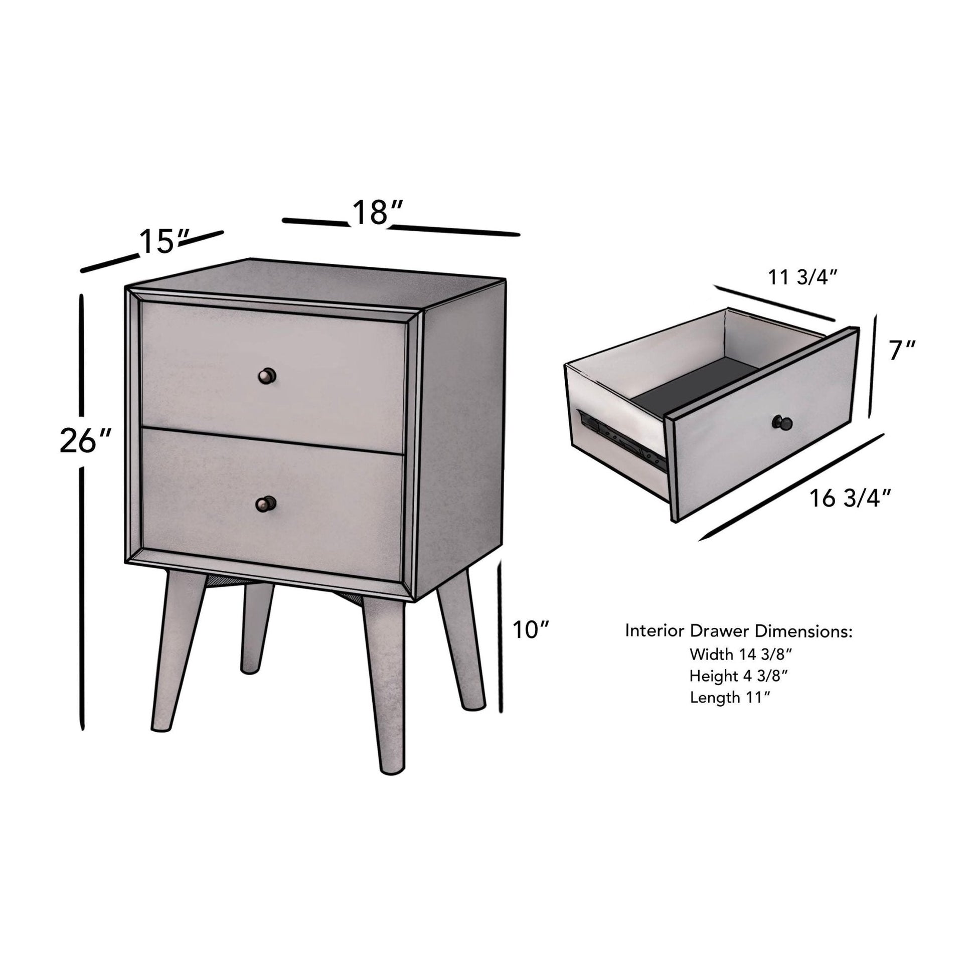 Flynn Nightstand dimensions illustration showing its two drawers and size details.