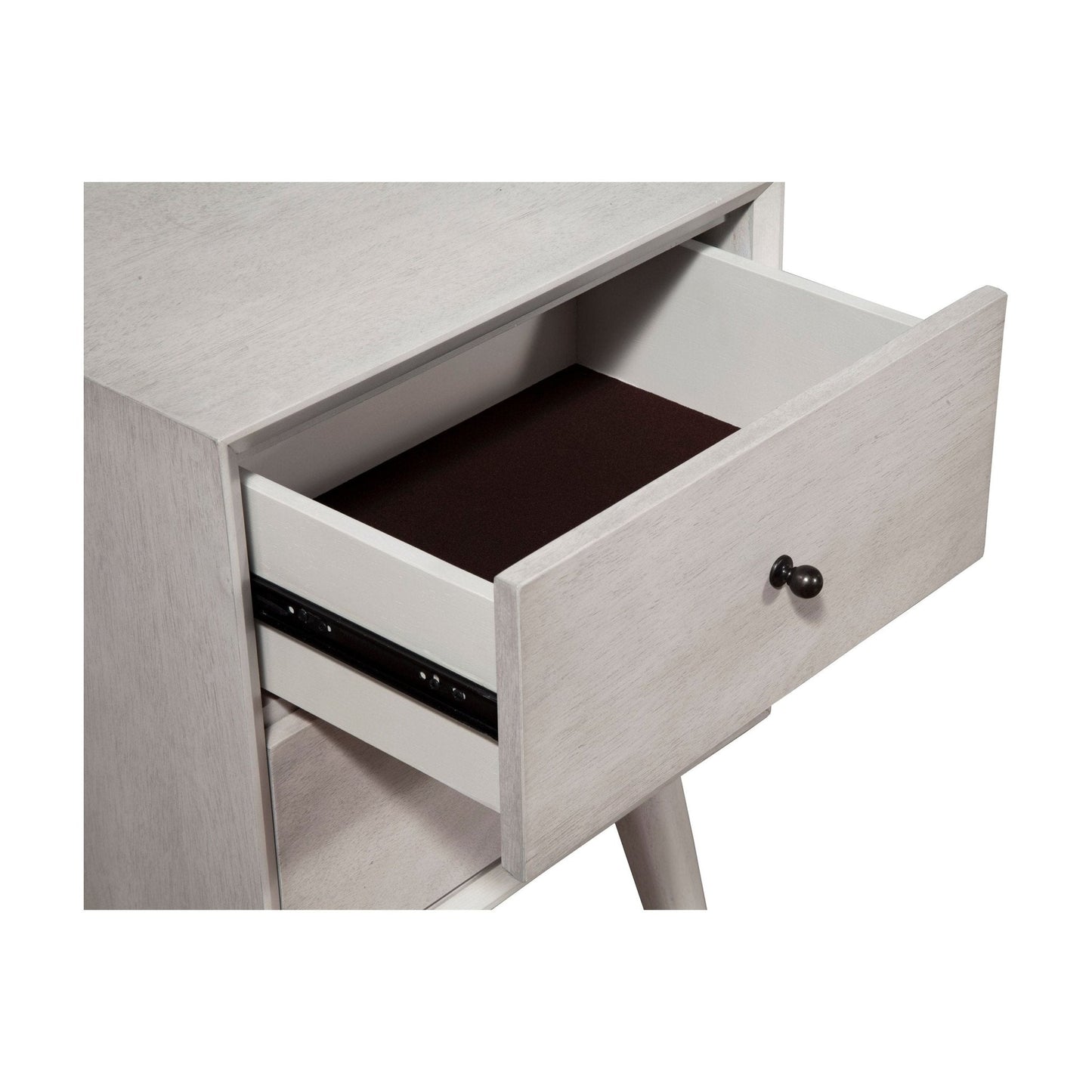 Flynn Nightstand gray with an opened drawer showing a dark interior.