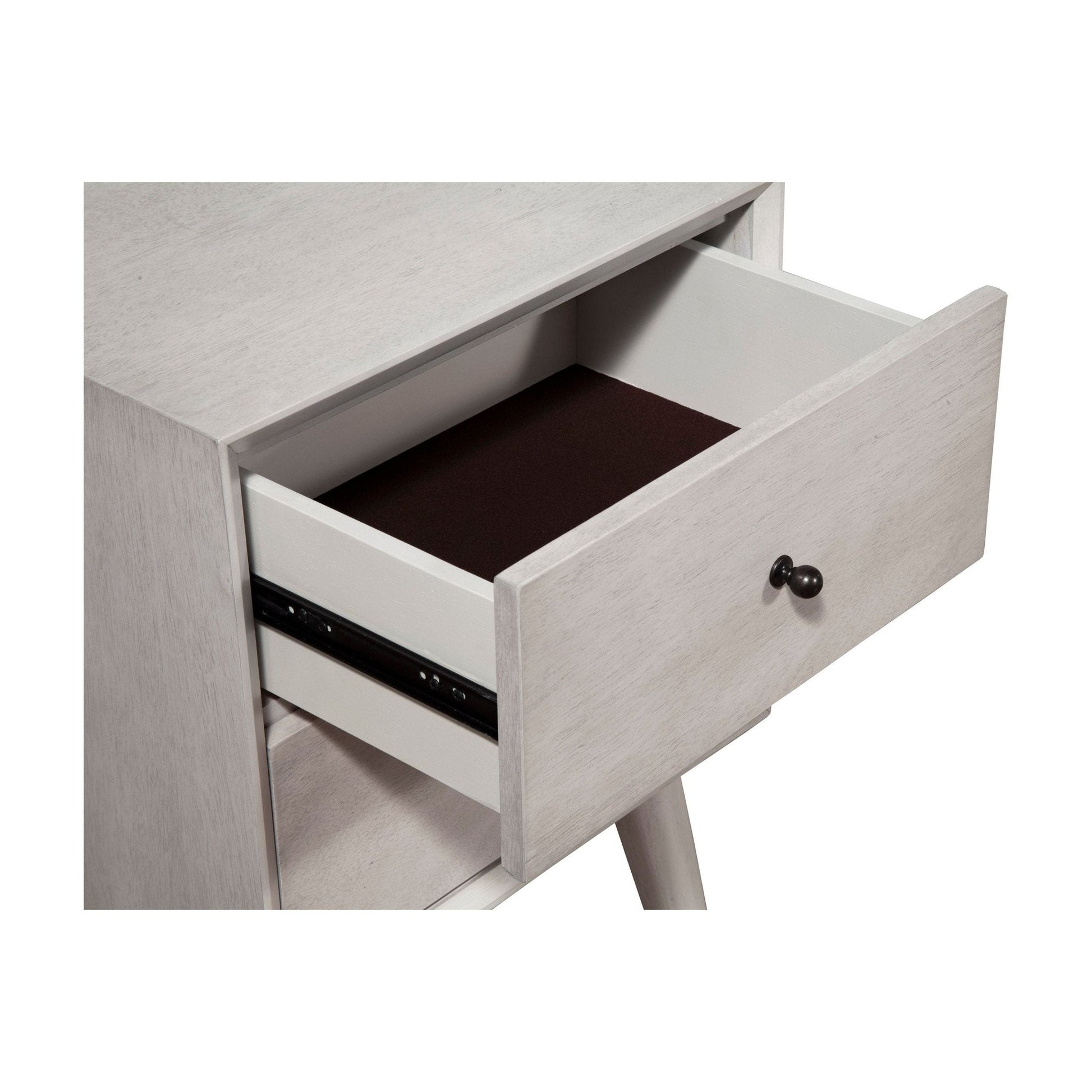 Flynn Nightstand gray with an opened drawer showing a dark interior.