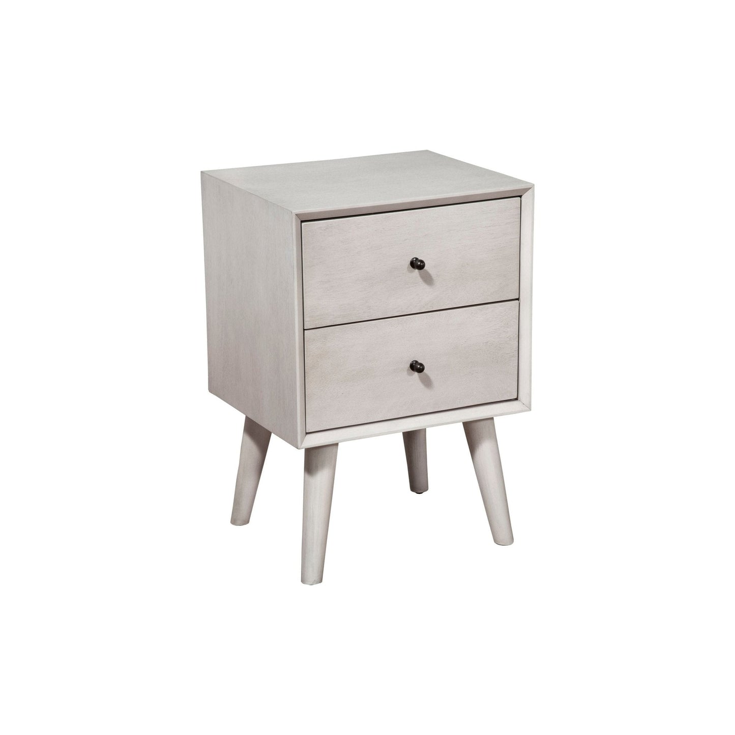 Flynn Nightstand in gray featuring two drawers and a Mid-Century Modern design, perfect for bedside organization.