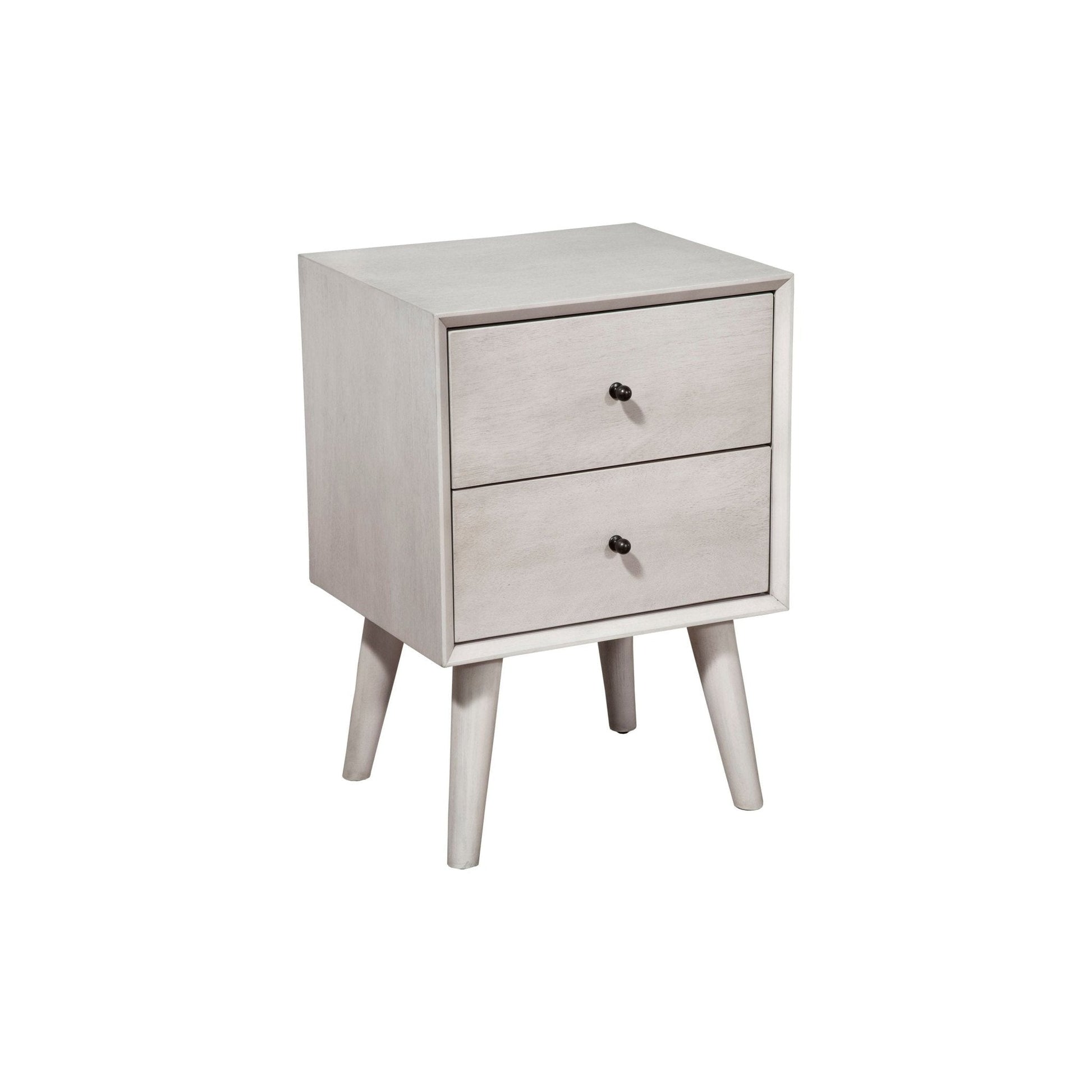 Flynn Nightstand in gray featuring two drawers and a Mid-Century Modern design, perfect for bedside organization.