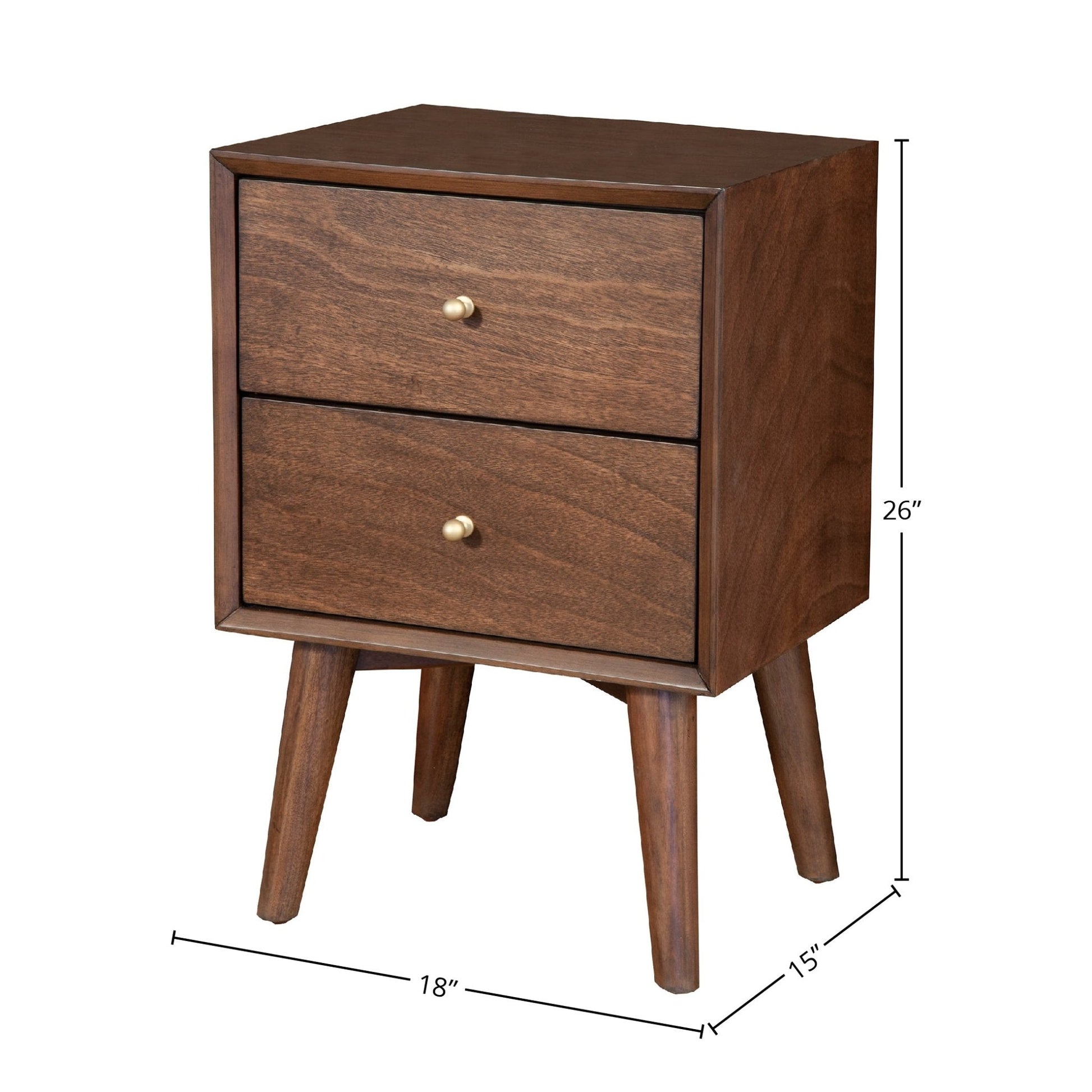 Flynn Nightstand in walnut finish with two drawers and mid-century modern design, fully assembled.