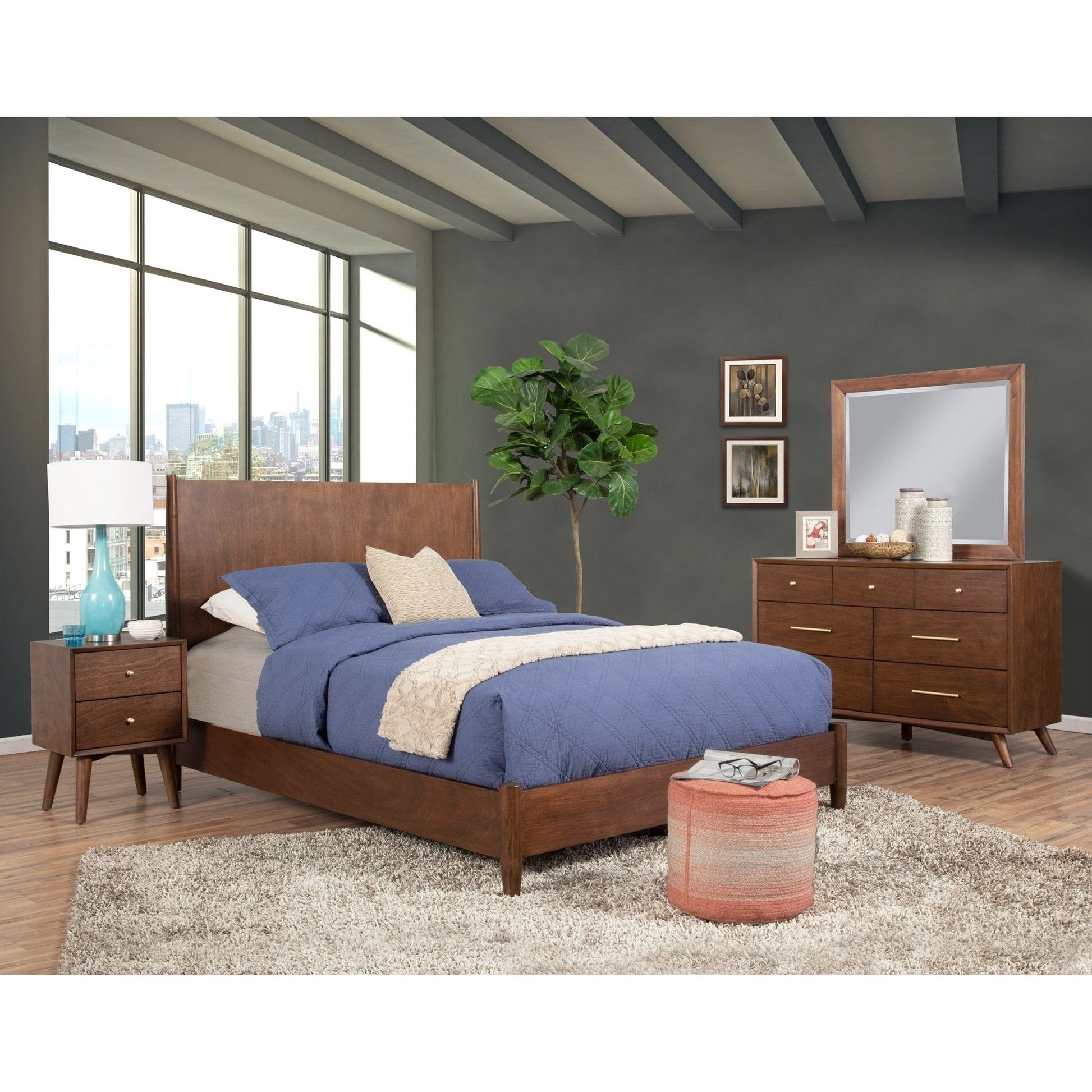 Flynn Nightstand, Walnut in a stylish bedroom setup featuring Mid-Century Modern design with a cozy ambiance.