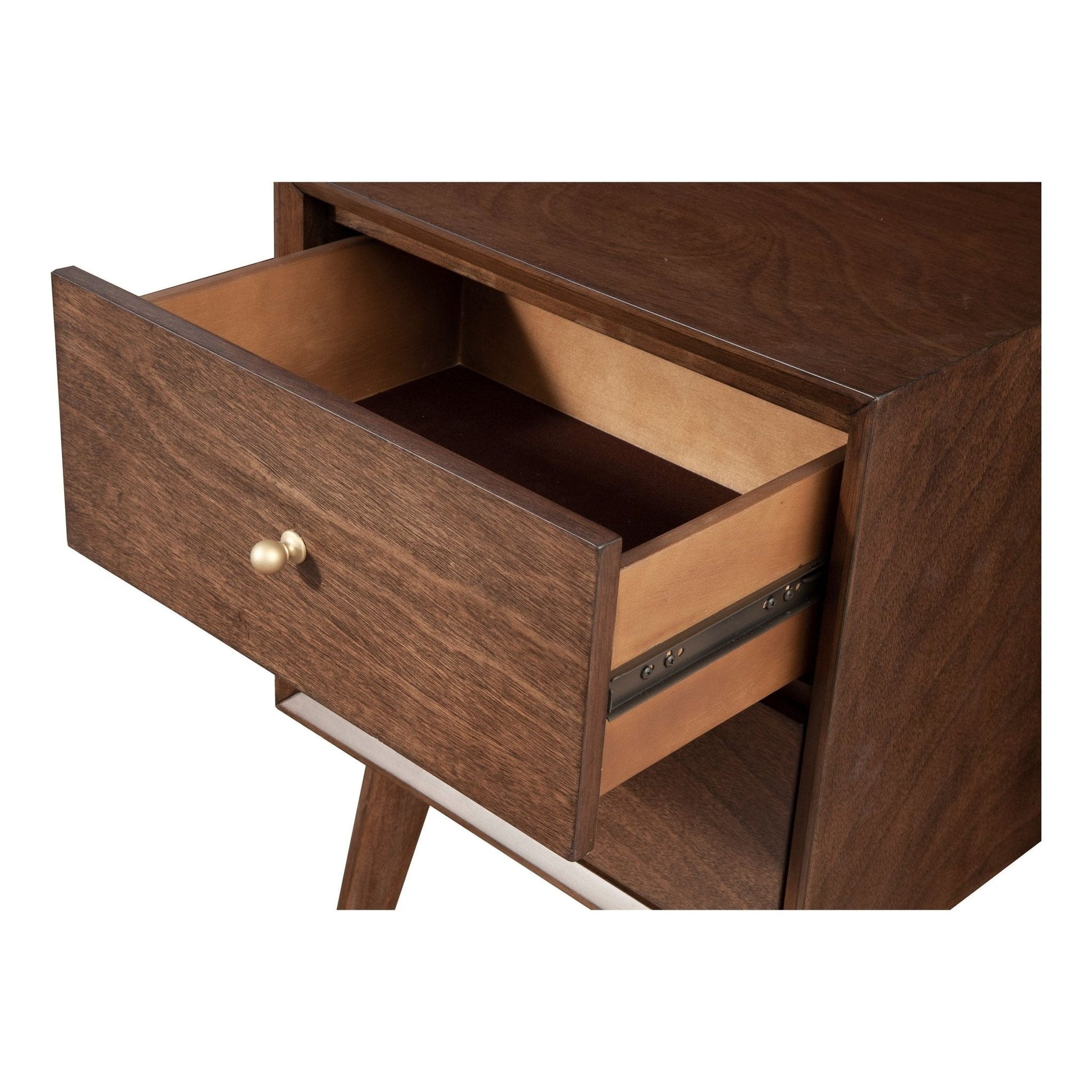 Flynn Nightstand with open drawer showcasing interior design and quality craftsmanship.