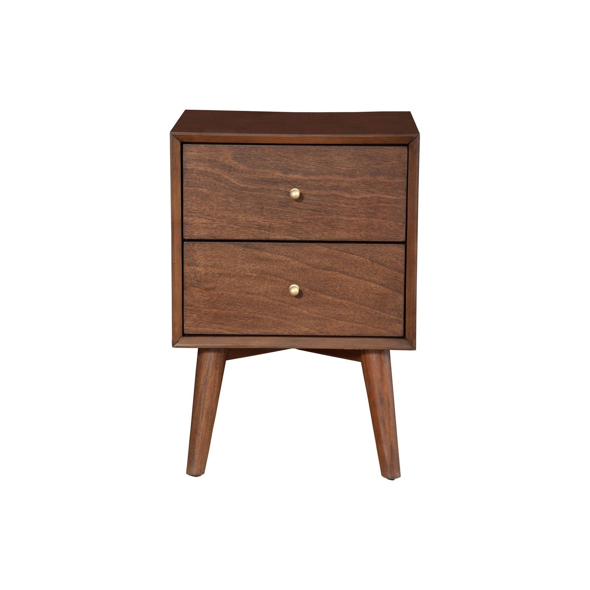 Flynn Nightstand in Walnut with two drawers and Mid-Century Modern design, perfect for bedside storage.