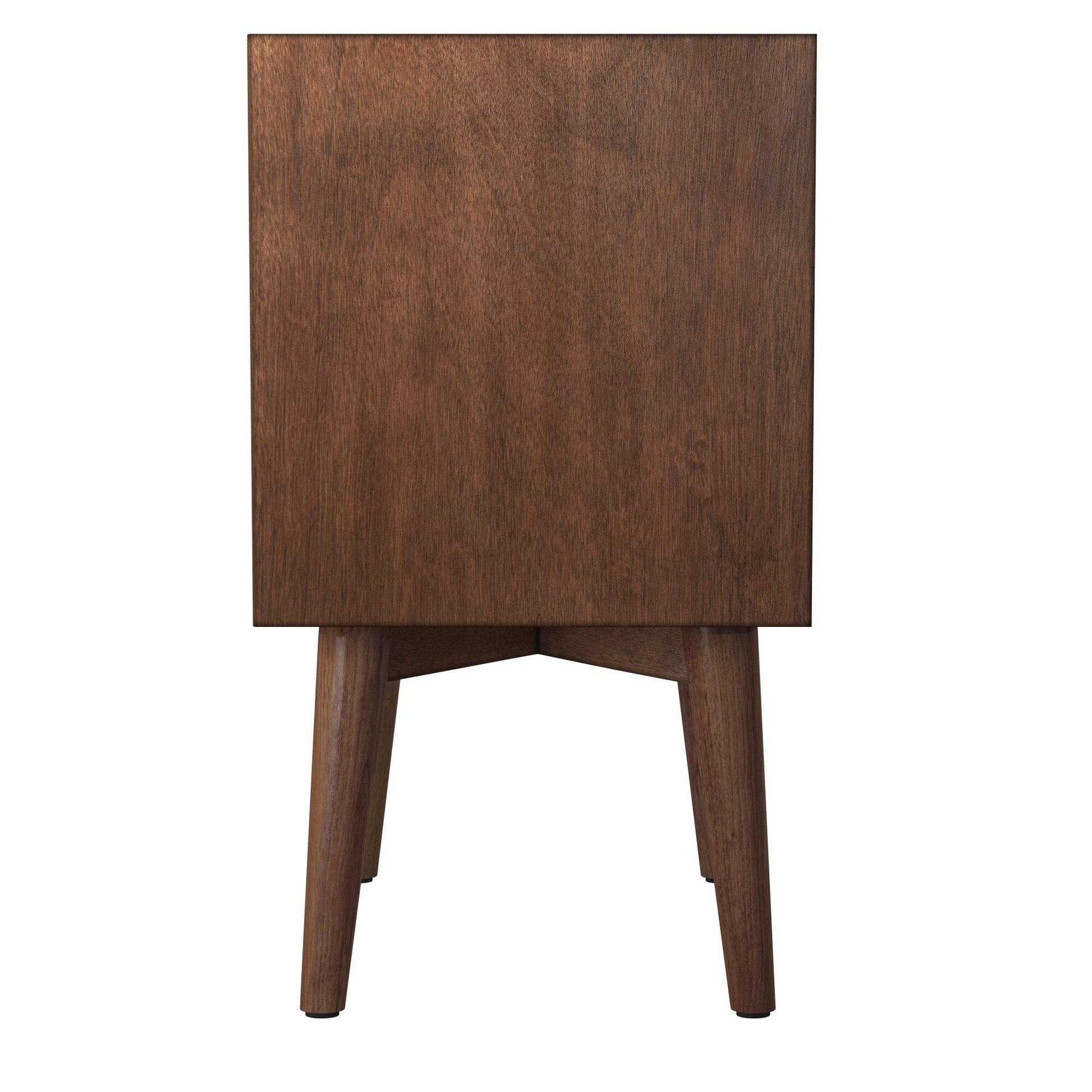 Flynn Nightstand, Walnut, showcasing Mid-Century Modern design with sturdy construction and stylish legs.