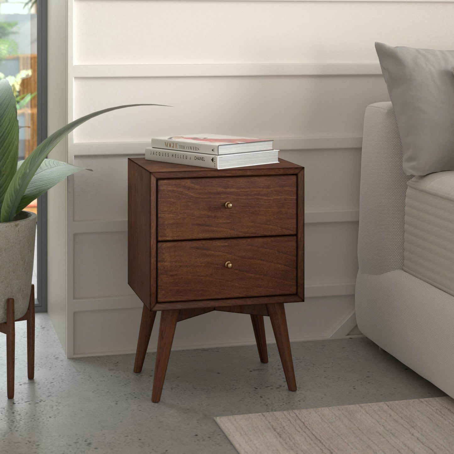 Flynn Nightstand in Walnut finish with two drawers, featuring Mid-Century Modern design.
