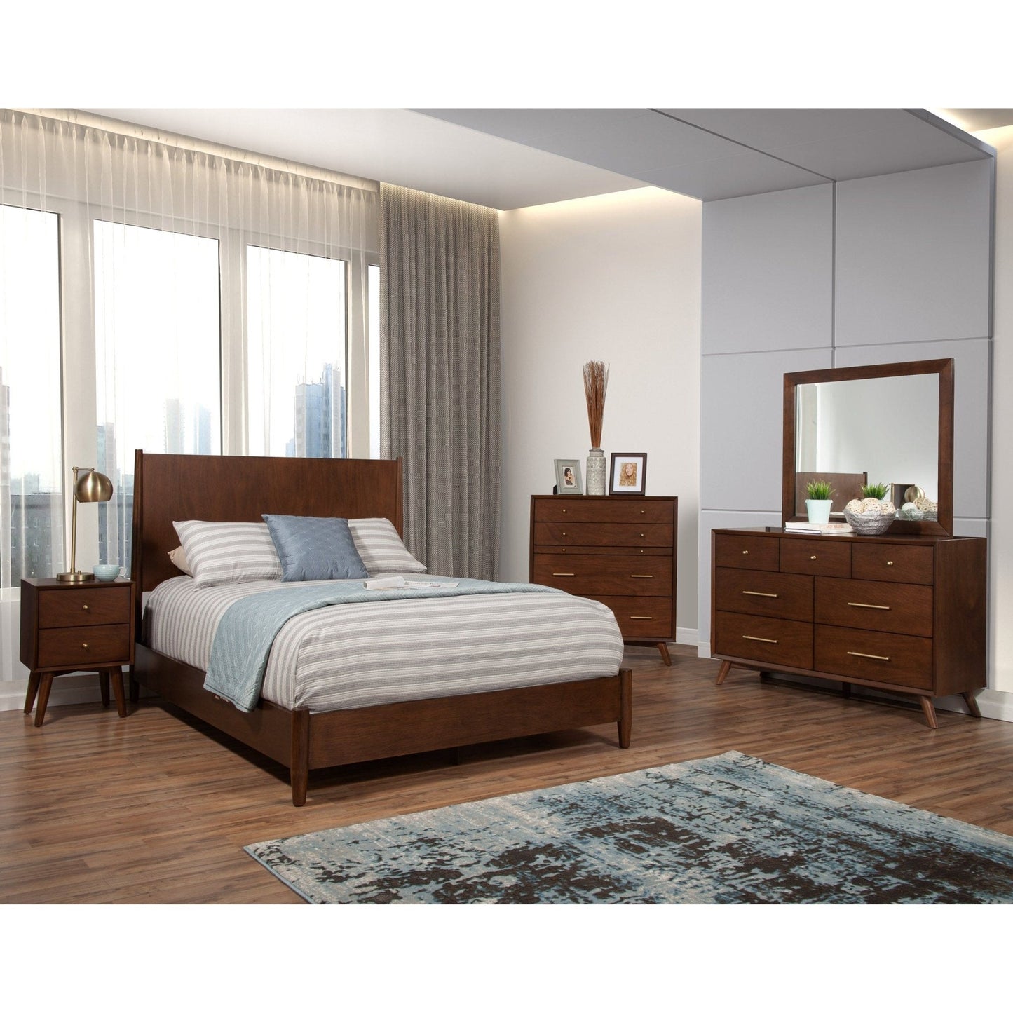 Flynn Nightstand, Walnut with matching bed and dresser in a modern bedroom setting.