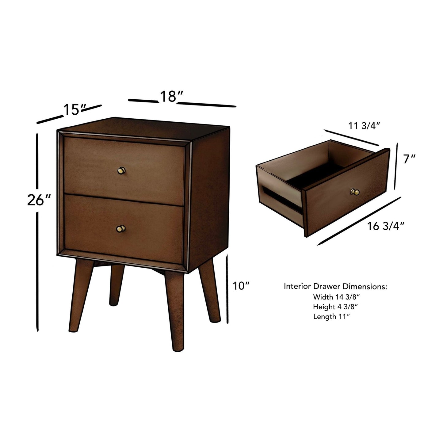 Flynn Nightstand dimensions showing structure and drawer size, featuring a sleek walnut design.