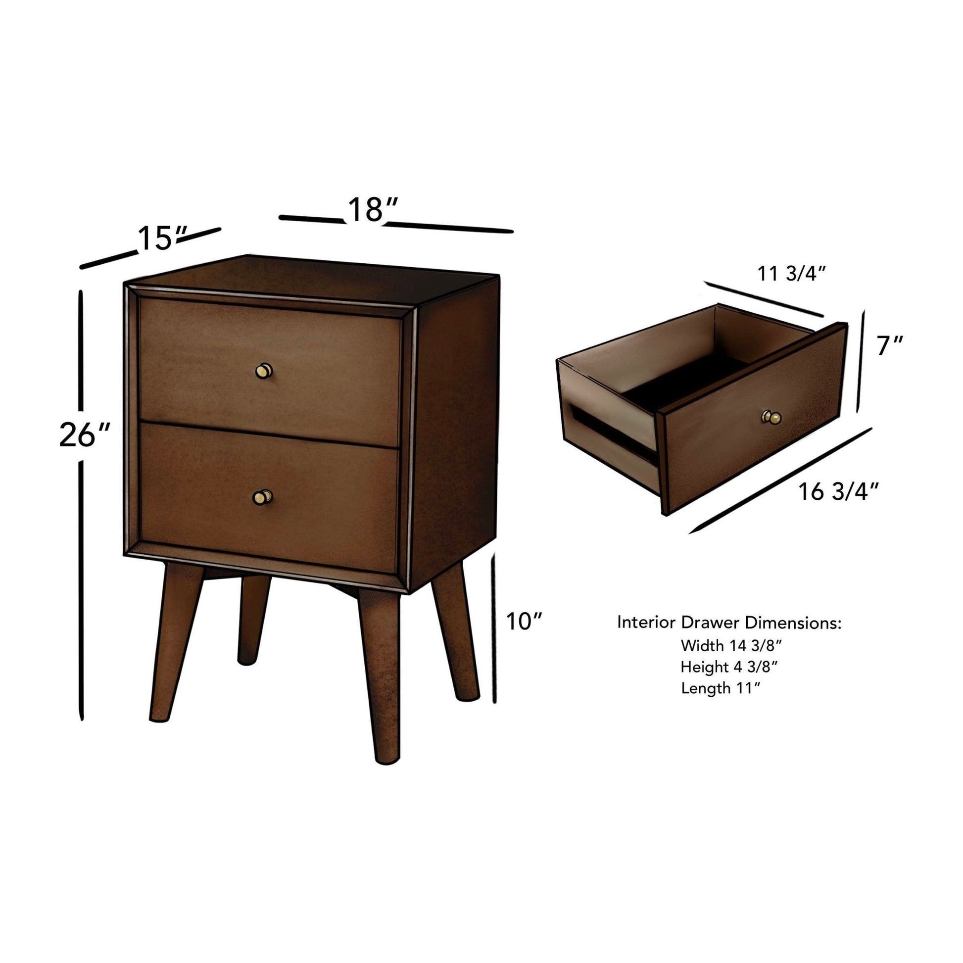 Flynn Nightstand dimensions showing structure and drawer size, featuring a sleek walnut design.