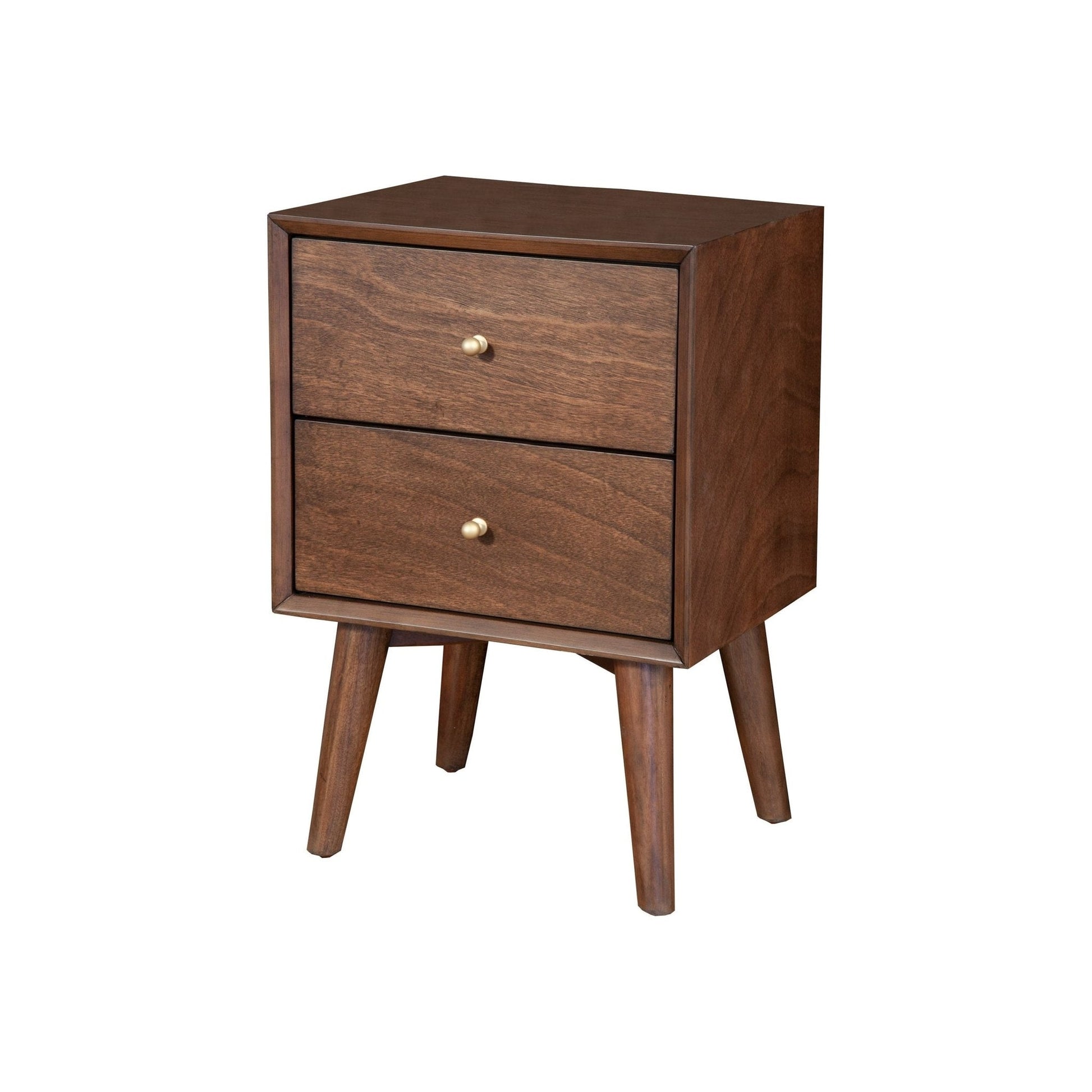 Flynn Nightstand in Walnut with two drawers and Mid-Century Modern design.