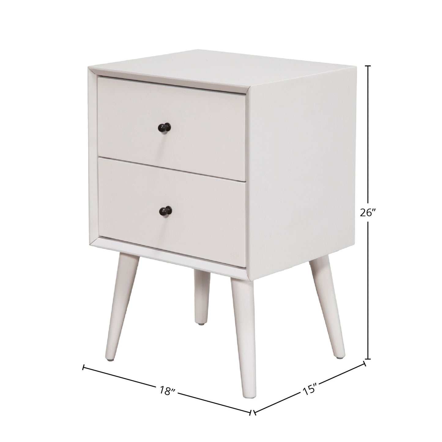 Flynn Nightstand in white featuring two drawers and mid-century modern design, measuring 26 inches tall.