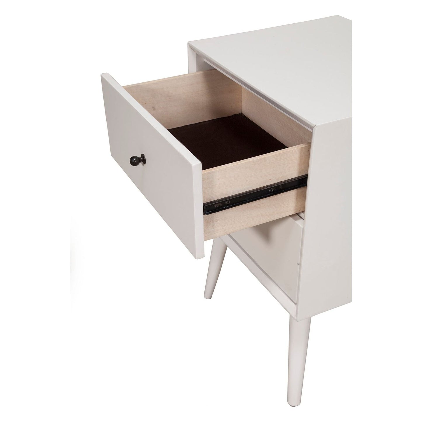 Flynn Nightstand in white featuring an open drawer showing storage space for bedside essentials.