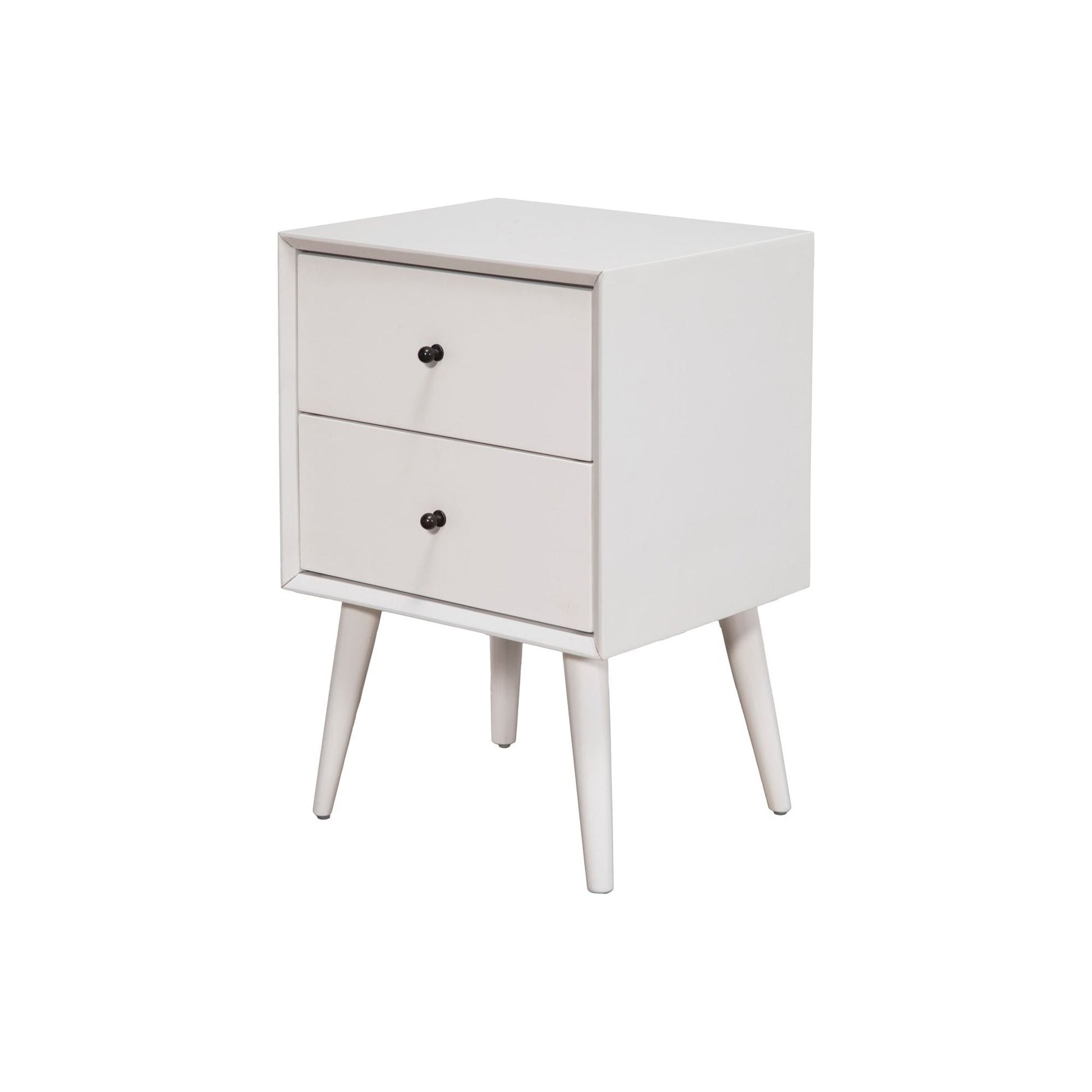Flynn Nightstand, White with two drawers and Mid-Century Modern design, perfect for bedside storage.  