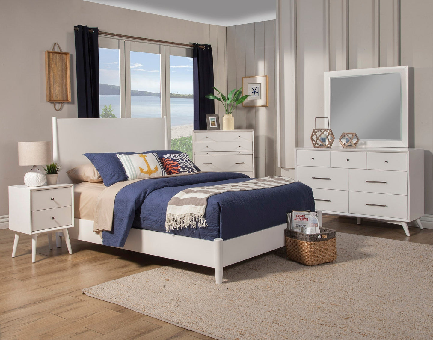 Flynn Nightstand beside a bed in a stylish bedroom featuring Mid-Century Modern design elements.