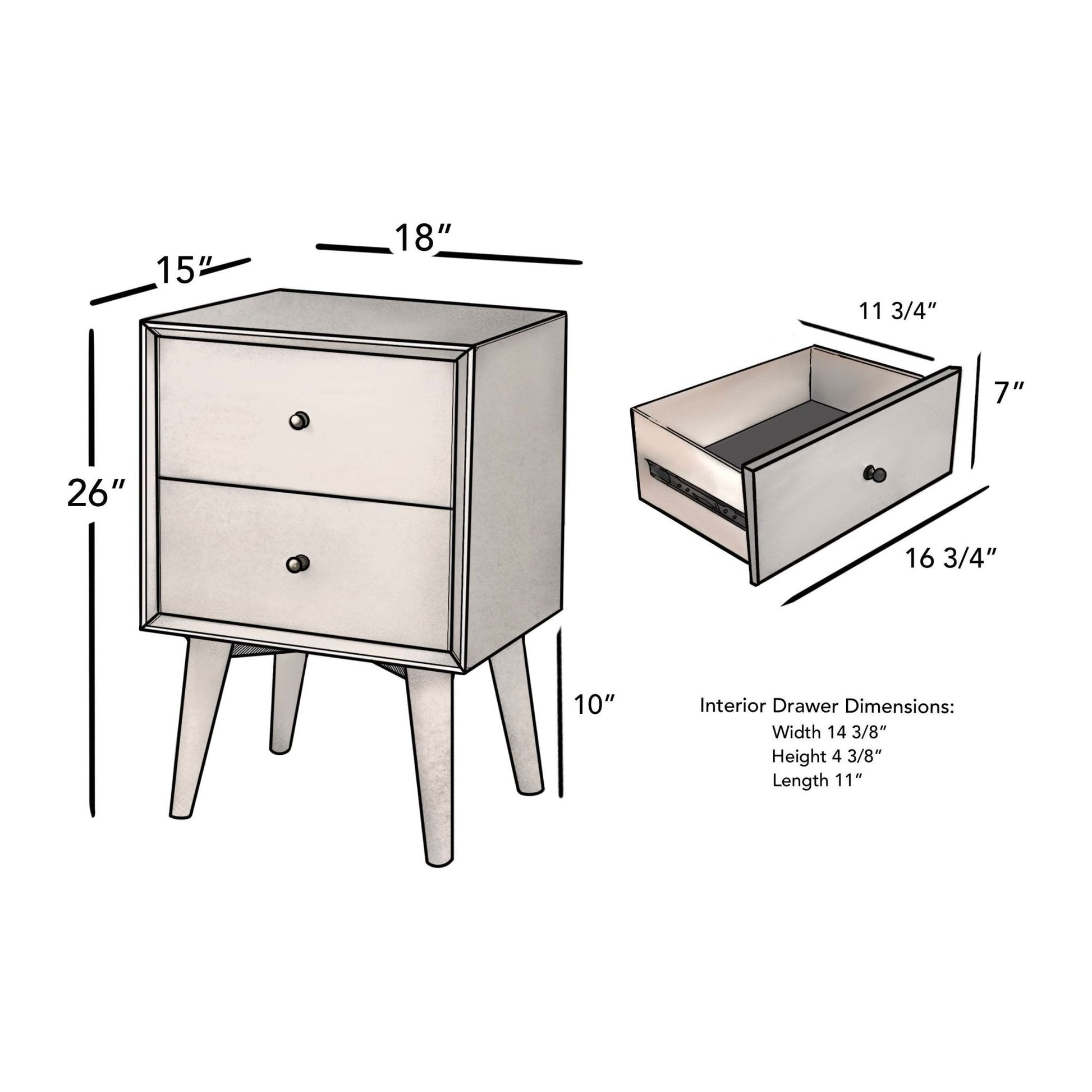 Flynn Nightstand dimensions with two drawers for bedside storage, showcasing Mid-Century Modern design.