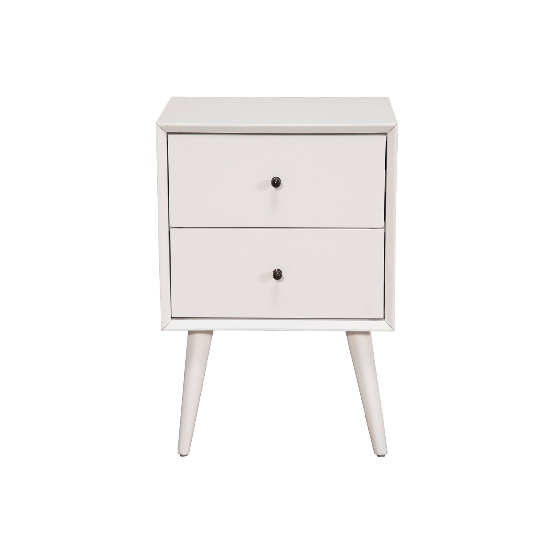 Flynn Nightstand in white with two drawers and mid-century modern design for stylish bedside storage.