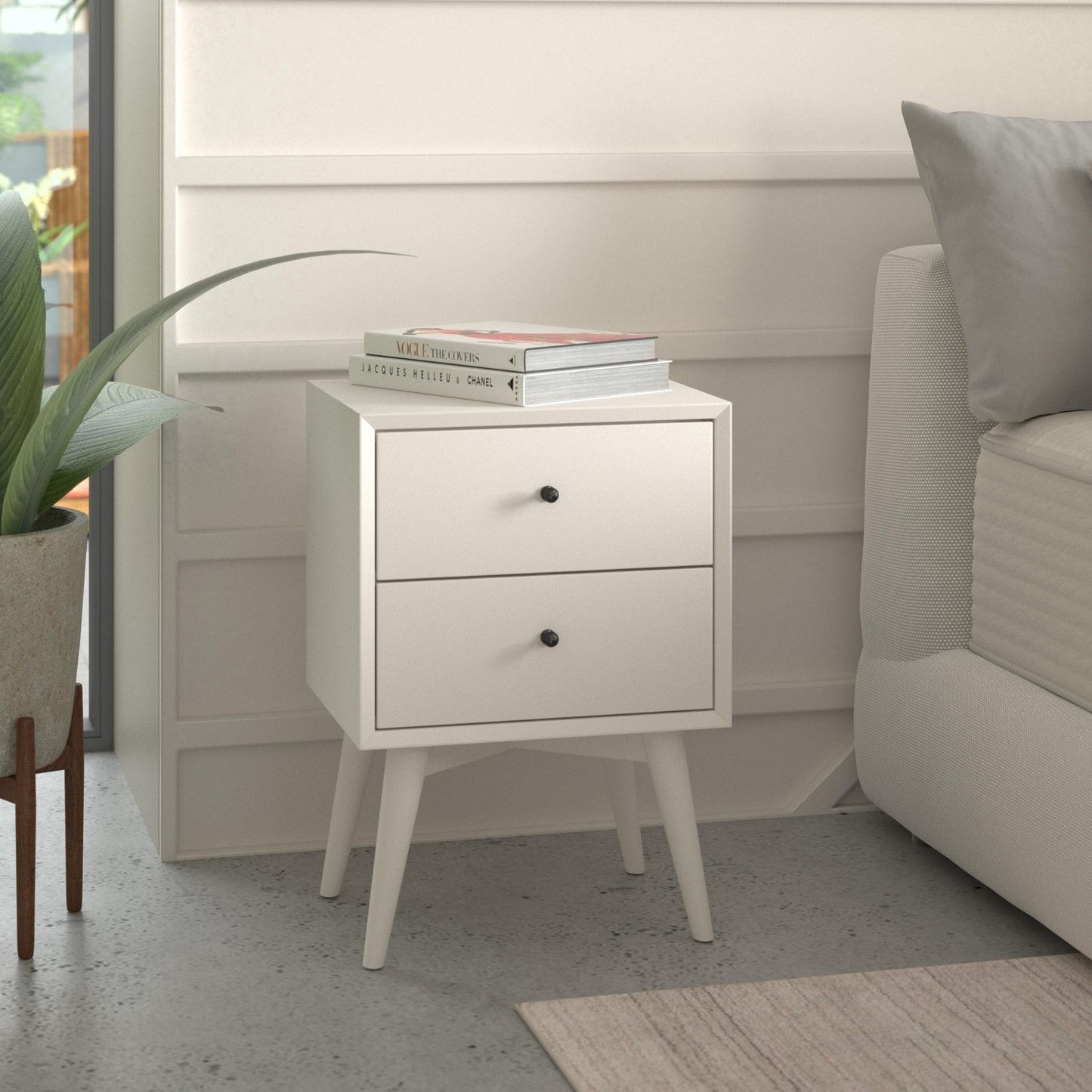 Flynn Nightstand with two drawers in white, Mid-Century Modern design, perfect for bedside storage.