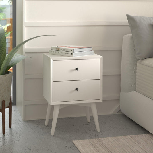 Flynn Nightstand with two drawers in white, Mid-Century Modern design, perfect for bedside storage.