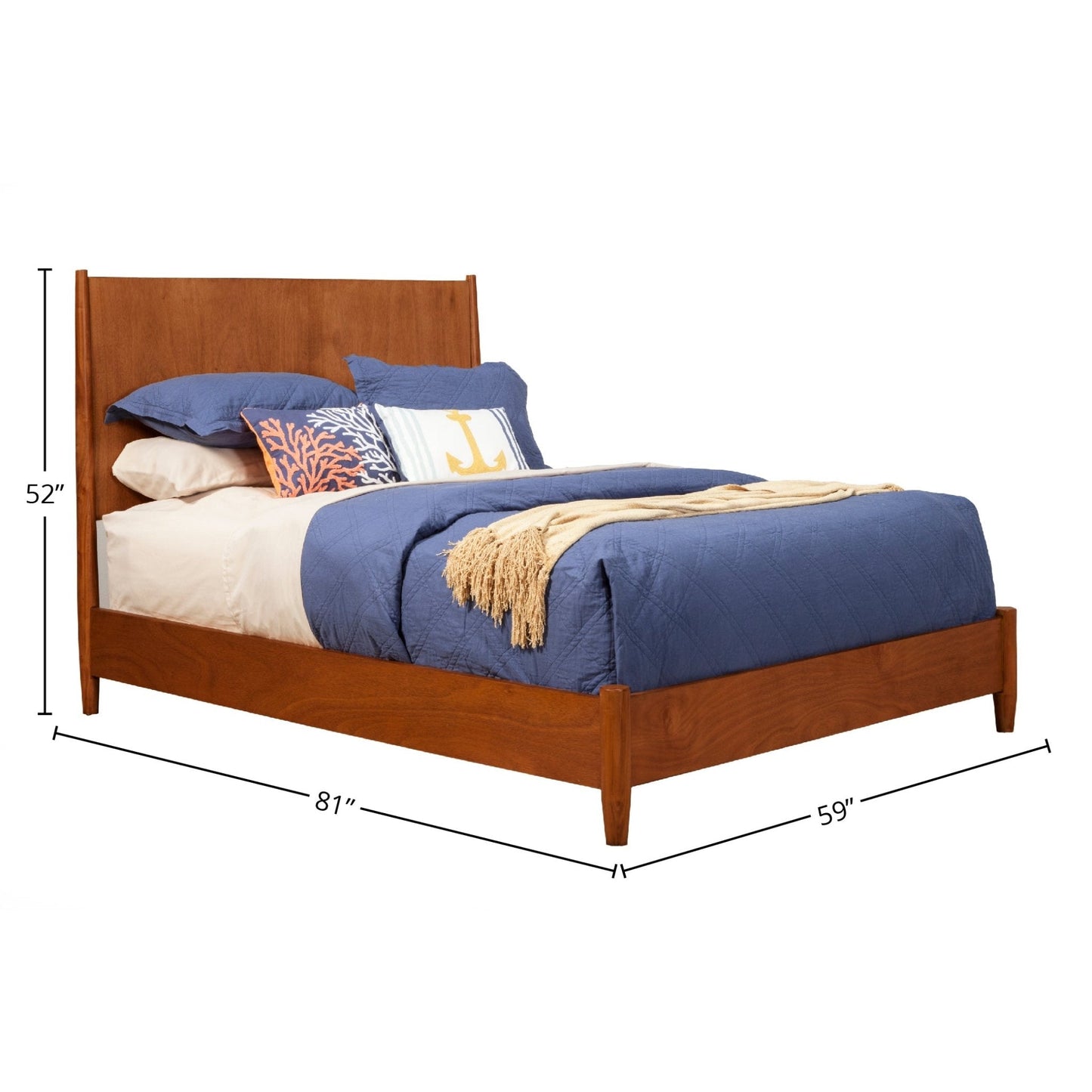 Flynn Panel Bed in chestnut finish with blue bedding and decorative pillows, showcasing classic Mid-Century Modern design.