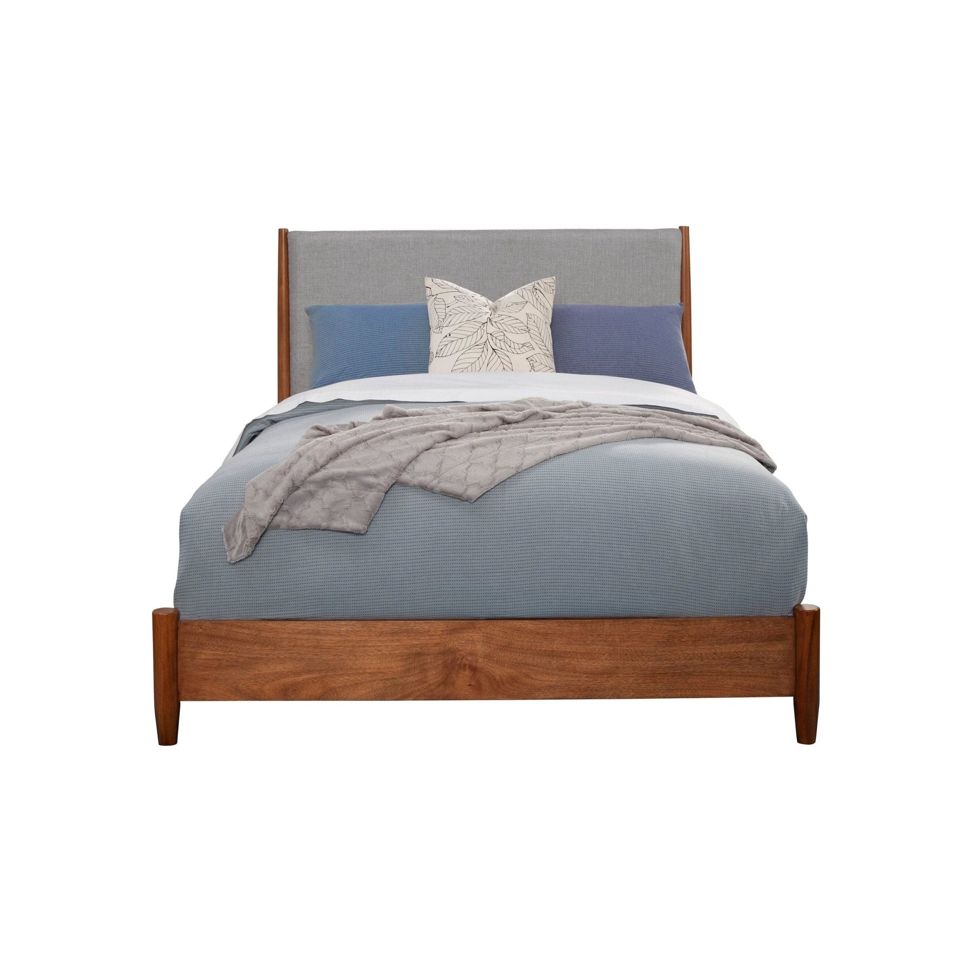 Flynn Panel Bed in Chestnut/Grey, showcasing Mid-Century Modern design and sturdy Mahogany construction.