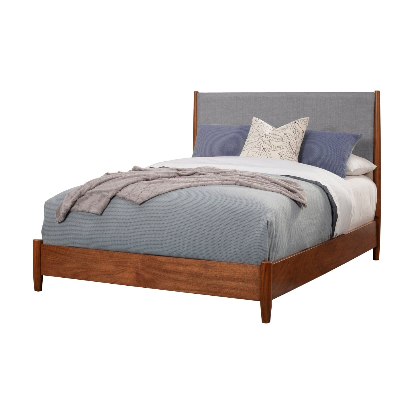 Flynn Panel Bed in Chestnut and Grey upholstery, showcasing Mid-Century Modern design and sustainable Mahogany wood.