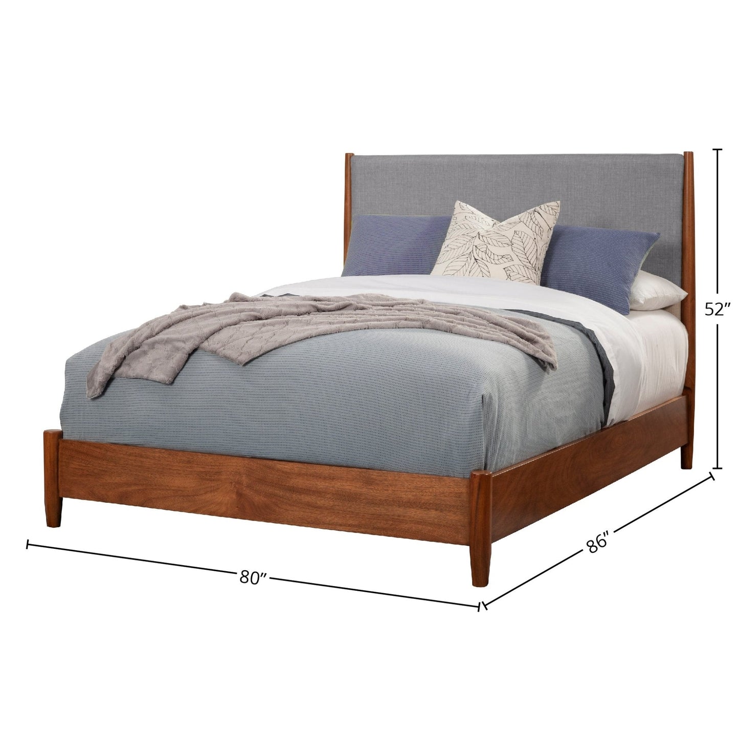 Flynn Panel Bed in Chestnut/Grey with stylish bedding, featuring Mid-Century Modern design and sturdy Mahogany construction.