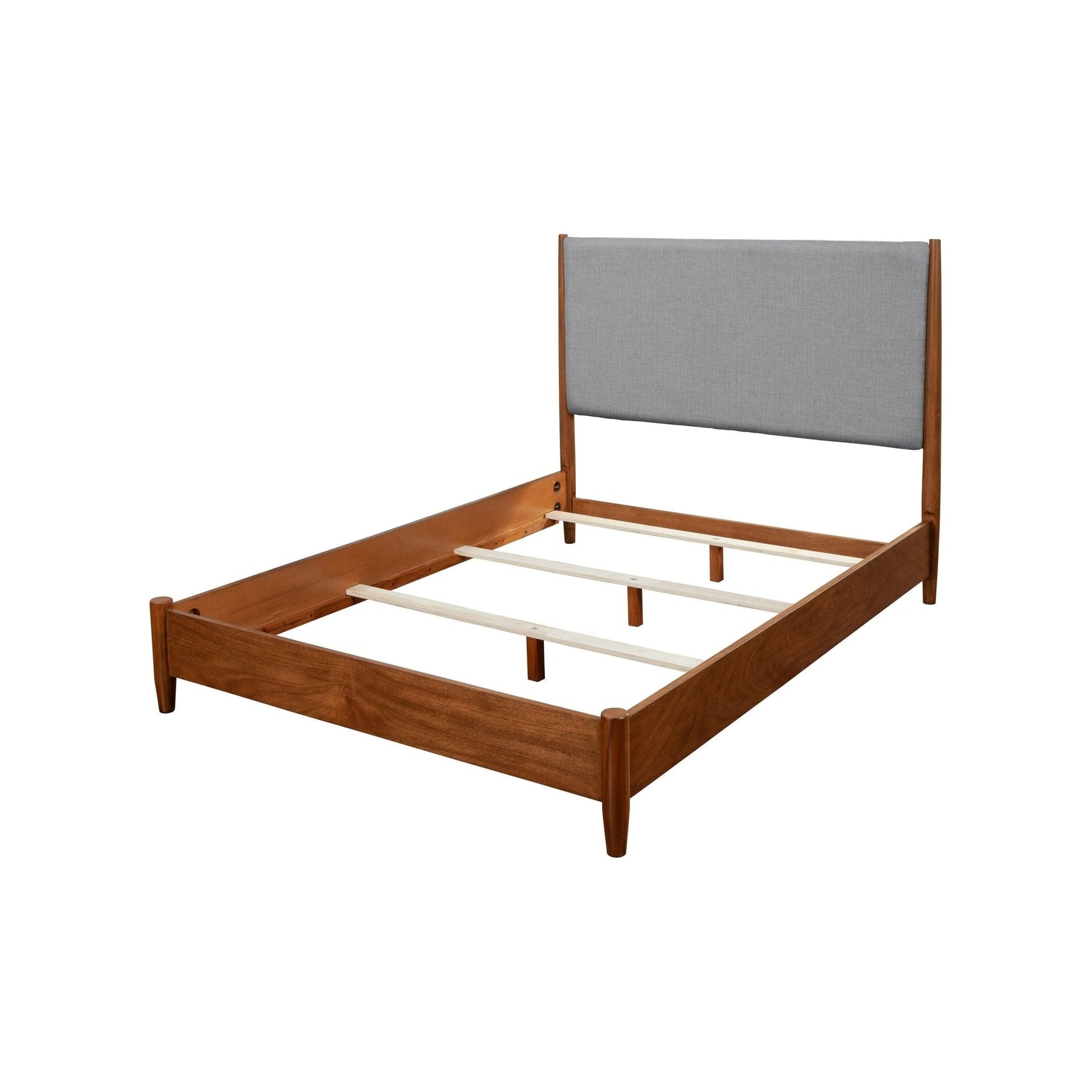 Flynn Panel Bed in chestnut wood with a grey upholstered headboard, showcasing mid-century modern design.