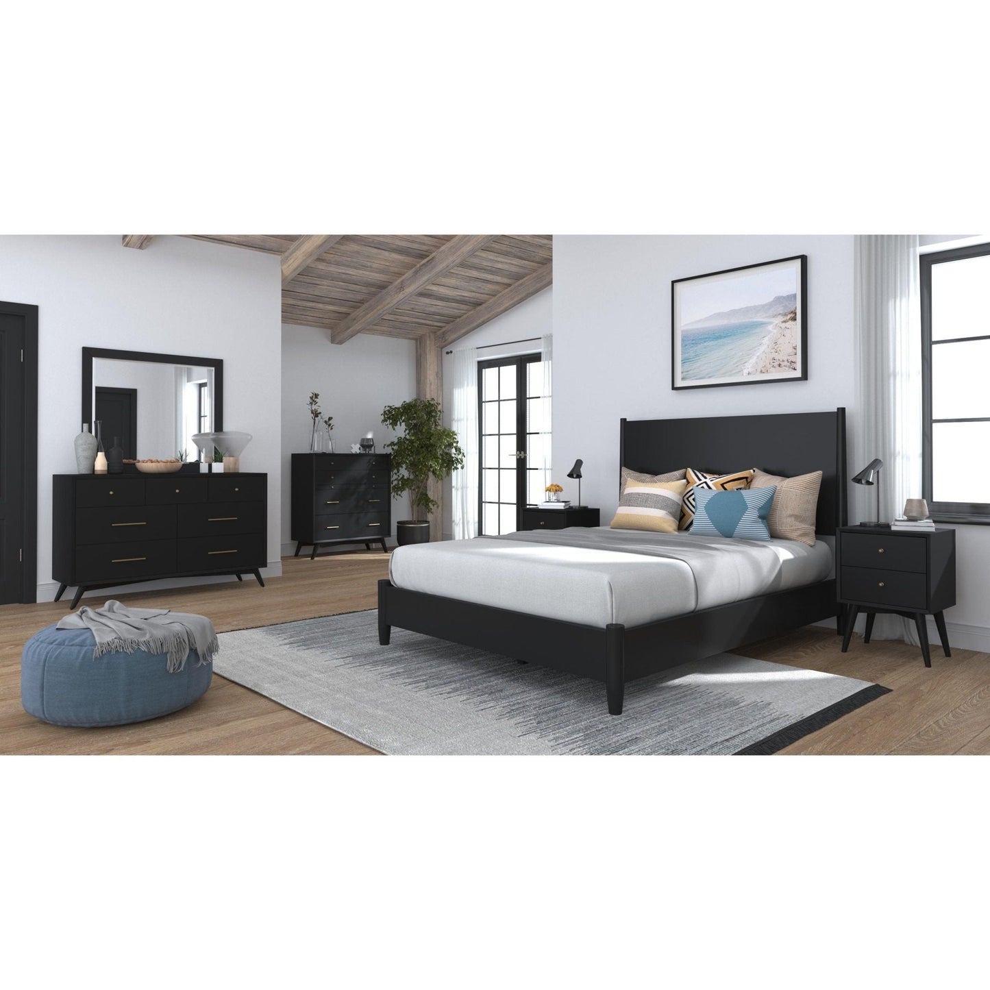 Flynn Panel Bed in a stylish bedroom setting featuring Mid-Century Modern decor and sustainable design.