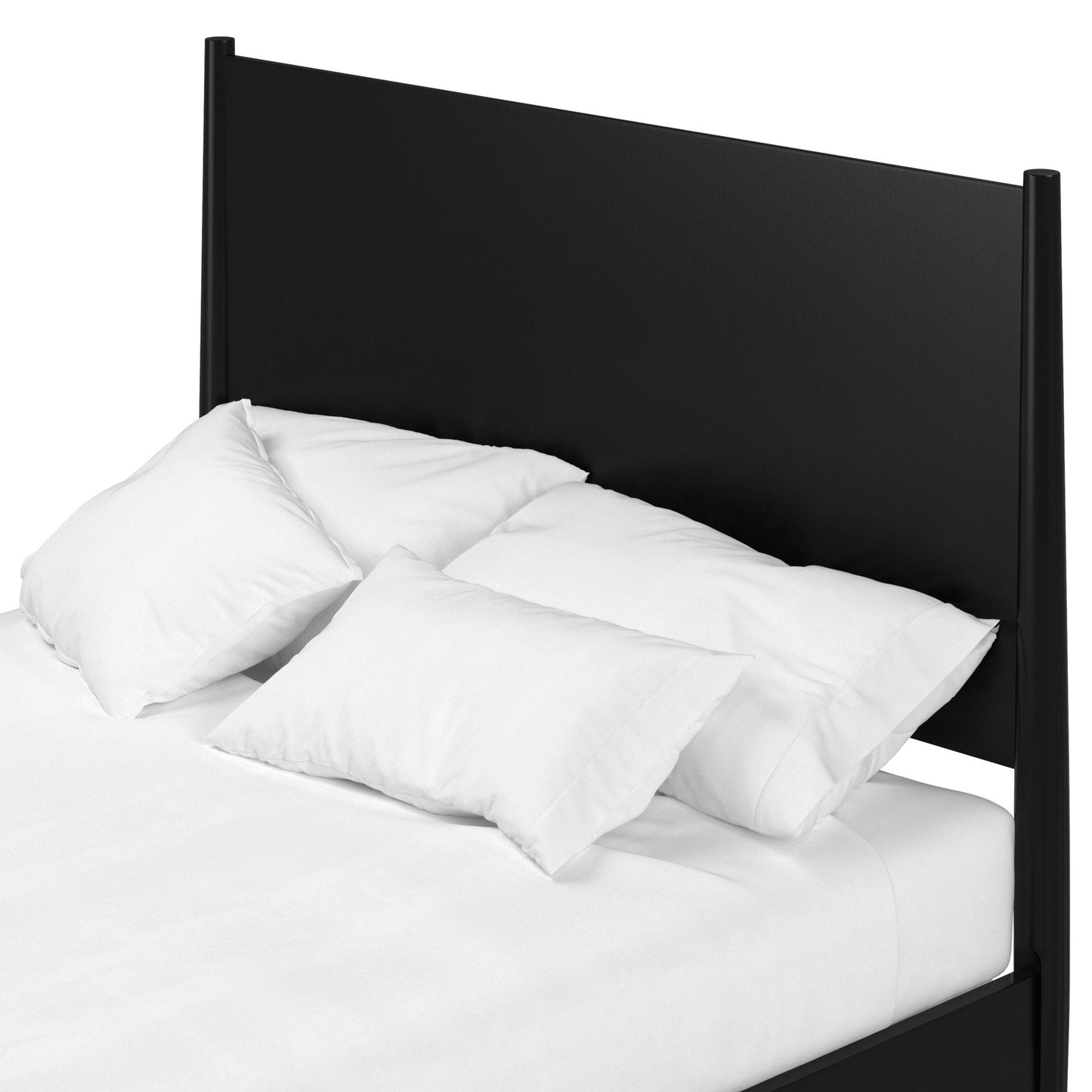 Flynn Panel Bed with black headboard and white pillows, showcasing Mid-Century Modern design.