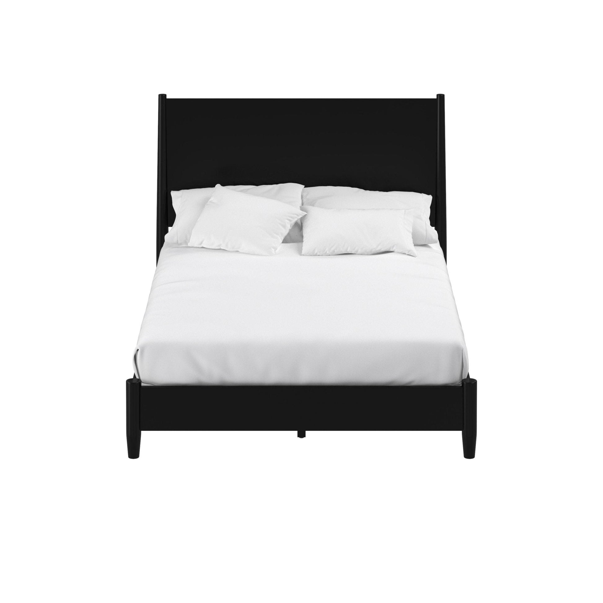 Flynn Panel Bed in black, featuring classic Mid-Century Modern design with a sturdy frame and white bedding.