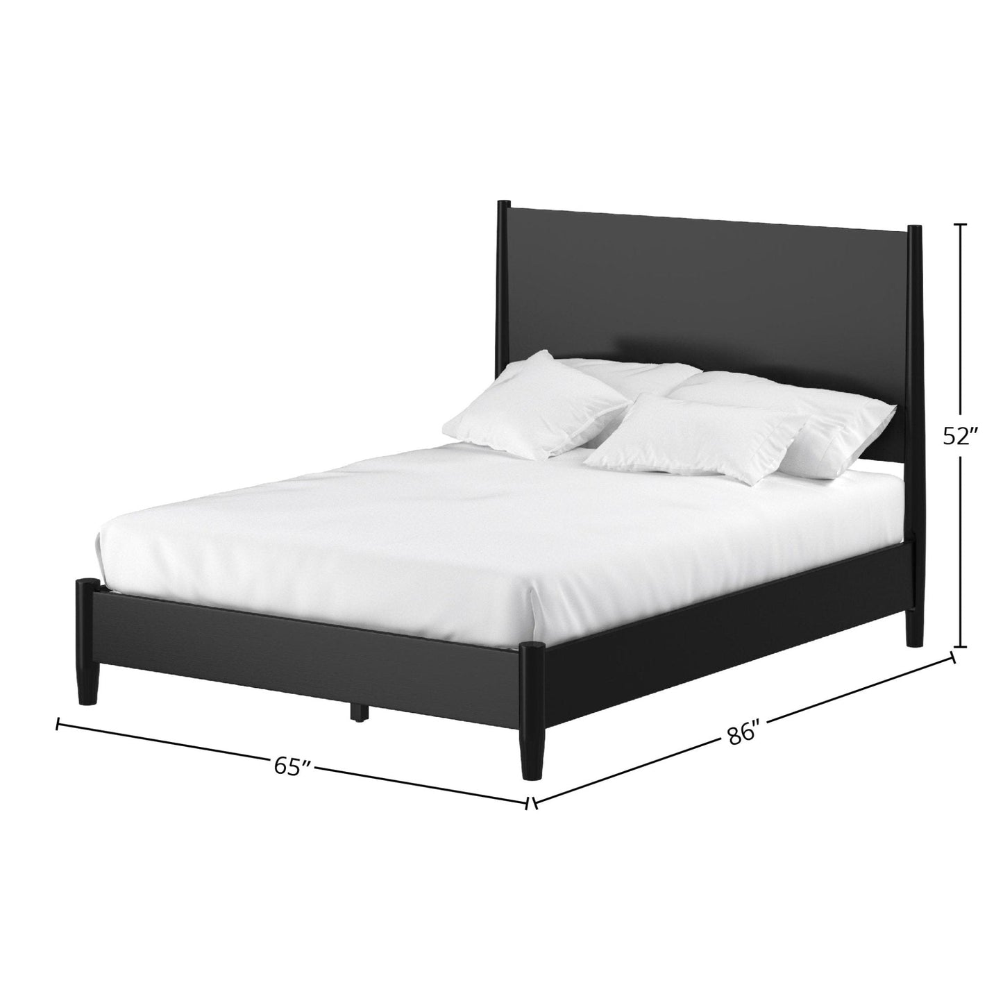 Flynn Panel Bed in Black with white bedding, showcasing Mid-Century Modern design and dimensions.