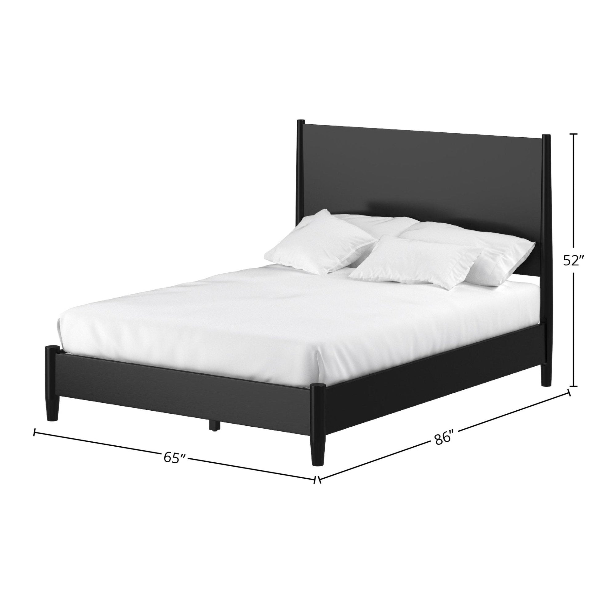 Flynn Panel Bed in Black with white bedding, showcasing Mid-Century Modern design and dimensions.