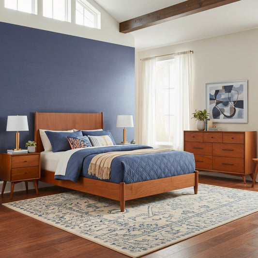 Flynn Panel Bed in chestnut finish with modern bedroom decor and accessories in a stylish interior setting.