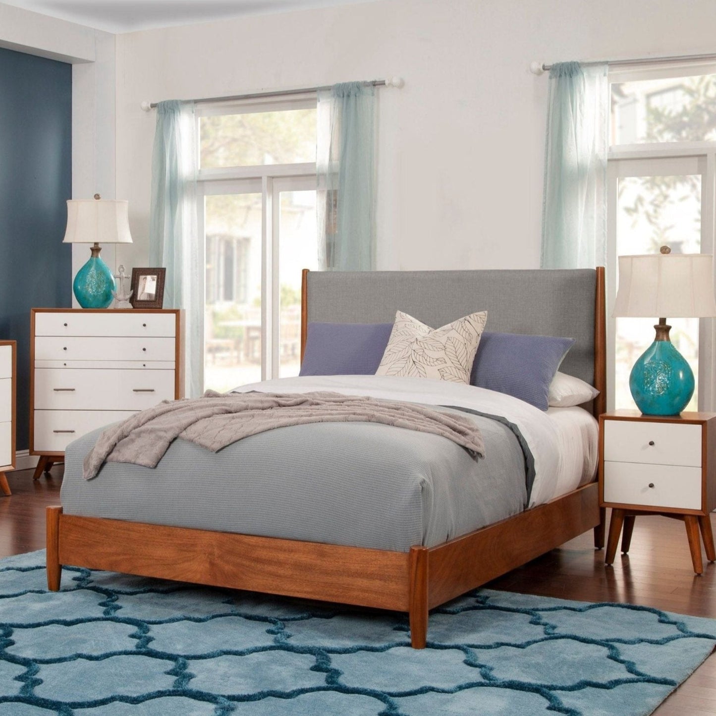 Flynn Panel Bed in Chestnut and Grey with modern decor in a well-lit bedroom setting.