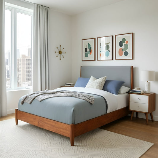 Flynn Panel Bed in Chestnut with grey bedding, modern decor and art in a bright bedroom setting.