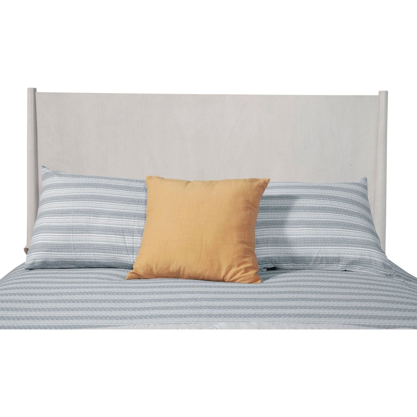Flynn Panel Bed with gray bedding and a yellow accent pillow on a stylish headboard.