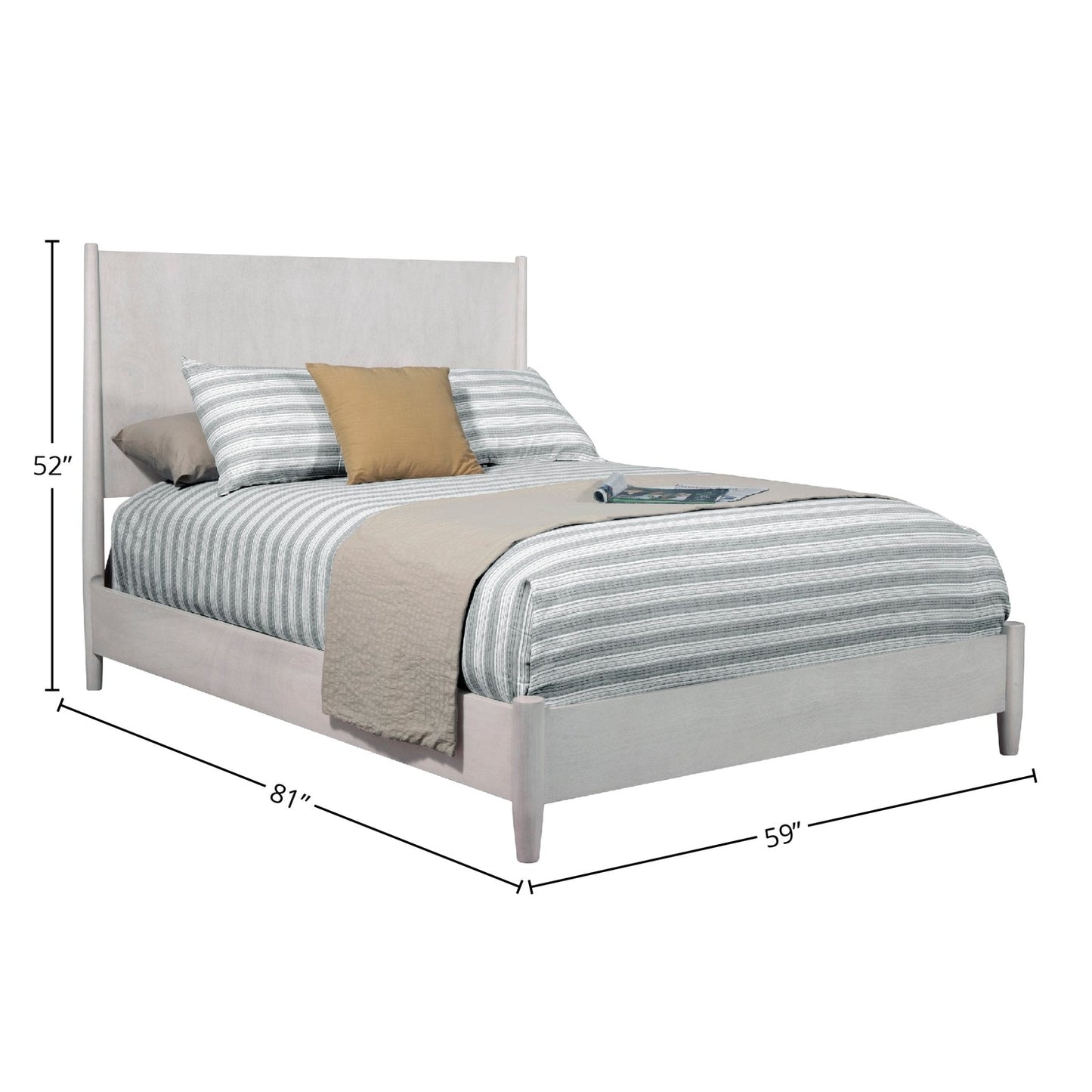 Flynn Panel Bed in gray with striped bedding showcasing Mid-Century Modern design and sustainable materials.