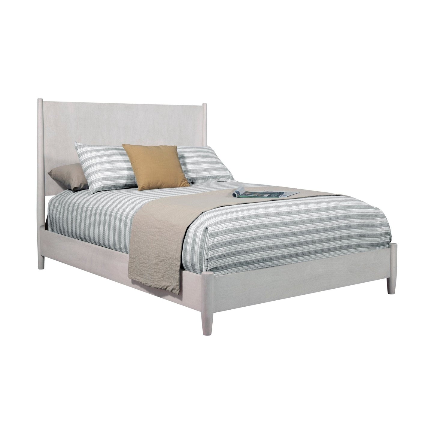 Flynn Panel Bed in gray with striped bedding and decorative pillows, showcasing Mid-Century Modern design.