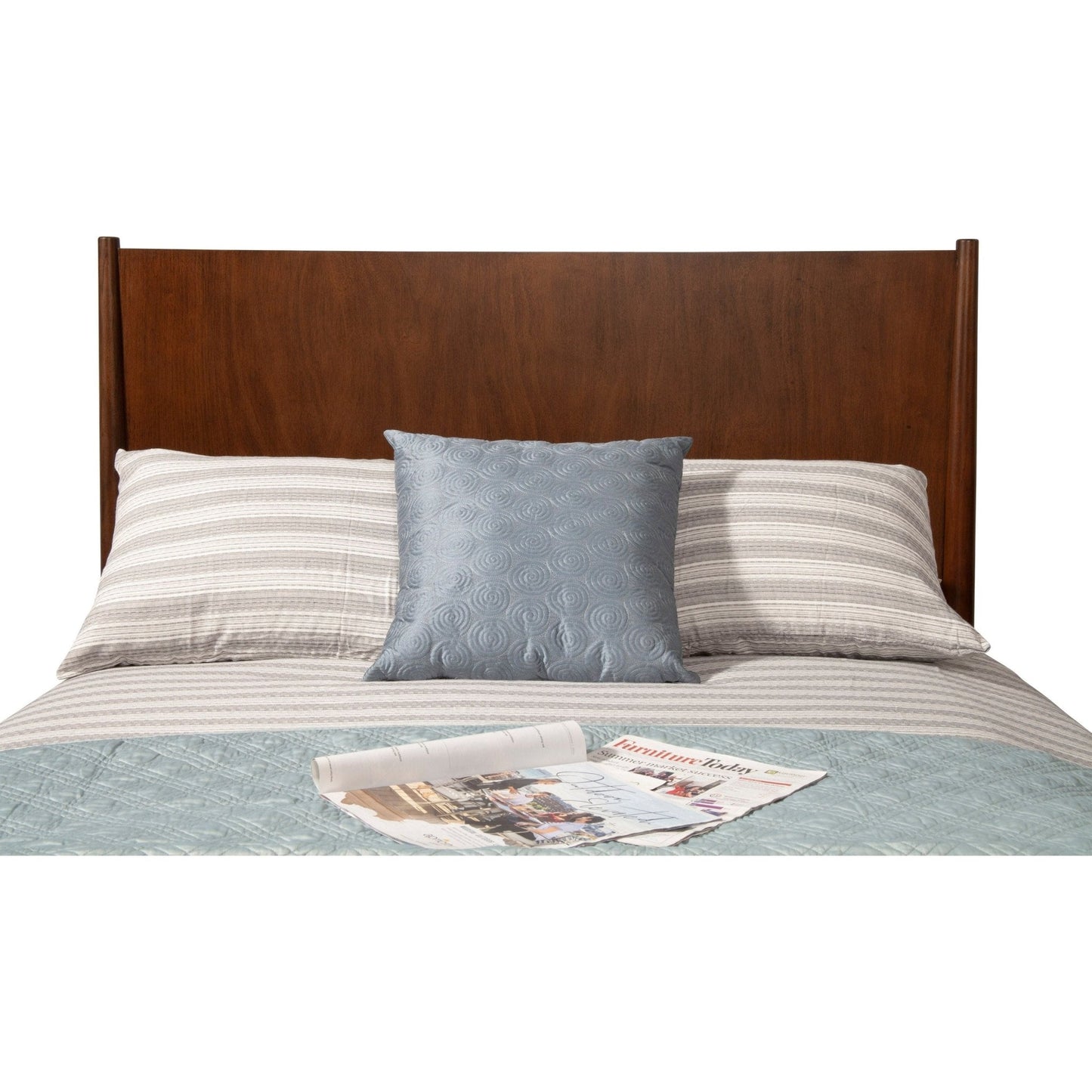 Flynn Panel Bed in walnut finish with stylish bedding and decorative pillow, perfect for a modern bedroom decor.
