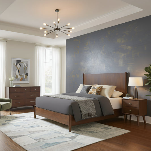 Flynn Panel Bed in a stylish bedroom with modern decor and elegant furnishings.