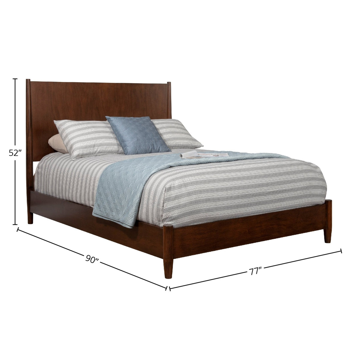 Flynn Panel Bed in Walnut finish with striped bedding and decorative pillows, showcasing Mid-Century Modern design.
