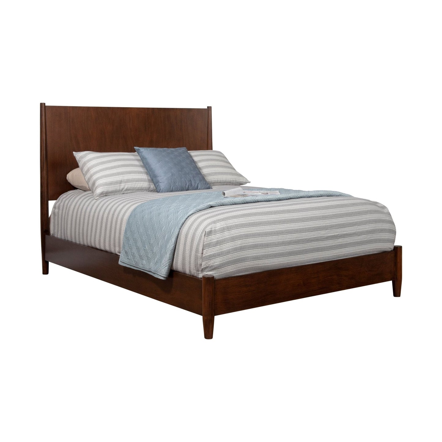 Flynn Panel Bed in Walnut finish with striped bedding, showcasing Mid-Century Modern design and sturdy Mahogany craftsmanship.