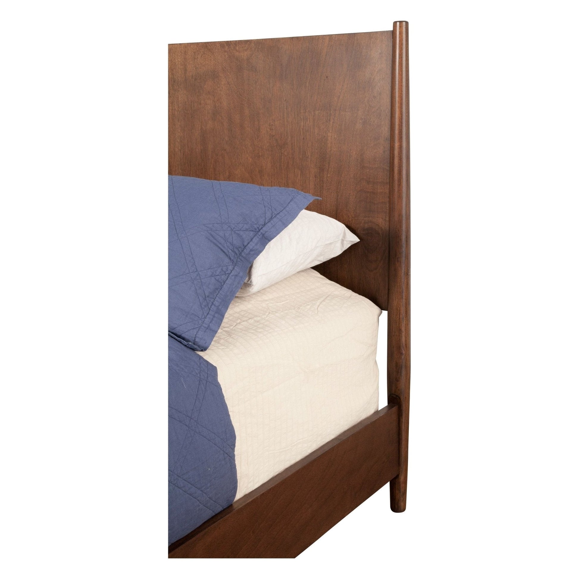 Flynn Panel Bed in Walnut finish showcasing elegant Mid-Century Modern design with bedding.