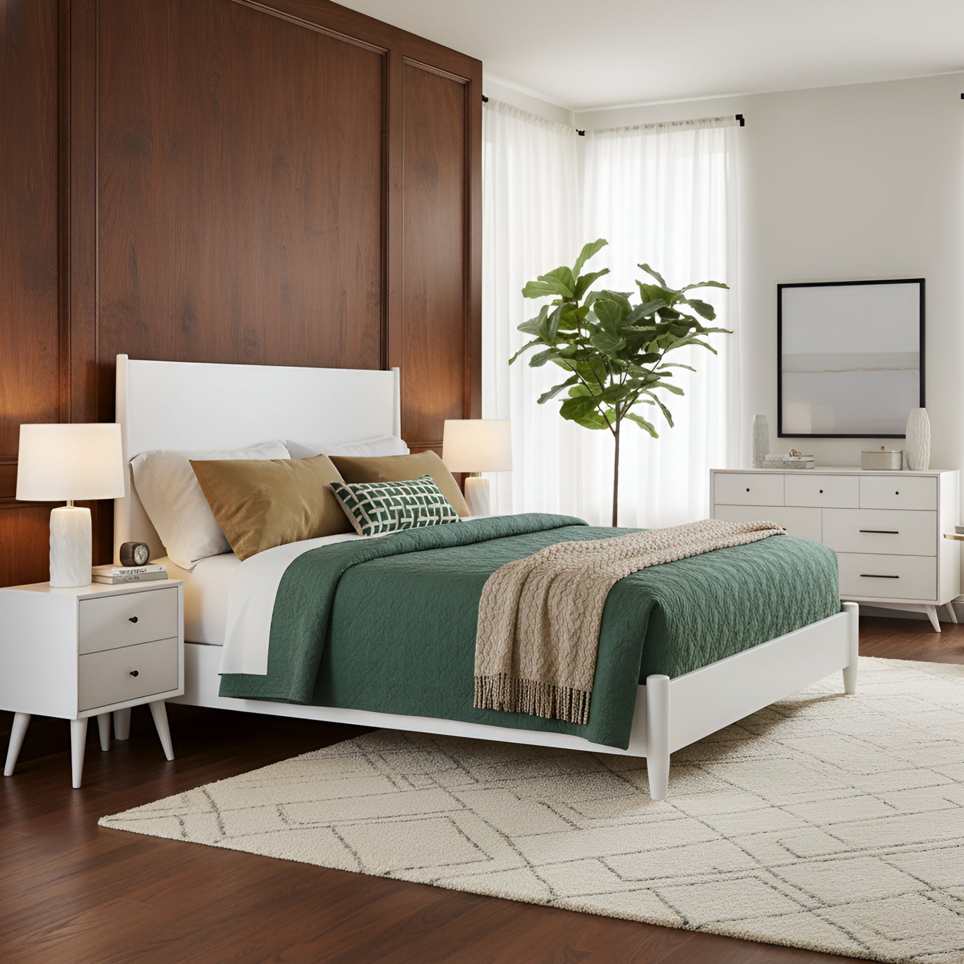 Flynn Panel Bed in a modern bedroom setting with stylish decor and natural light.